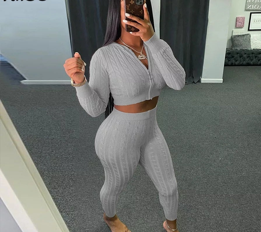 Grey Knitted Crop Zip Hoodie And Leggings Two Piece Set