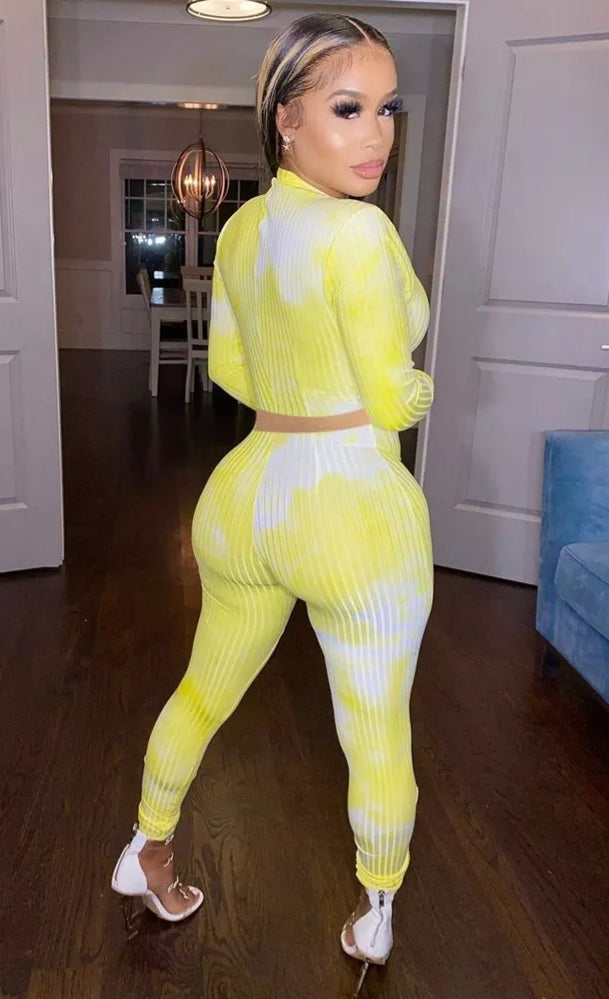 Yellow Tye Dye Long Sleeve BodyCon Two Piece