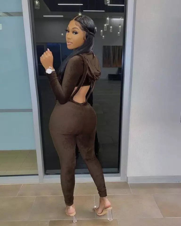 Brown Velvet Cut Out Hoodie & Front Zip Leggings Set