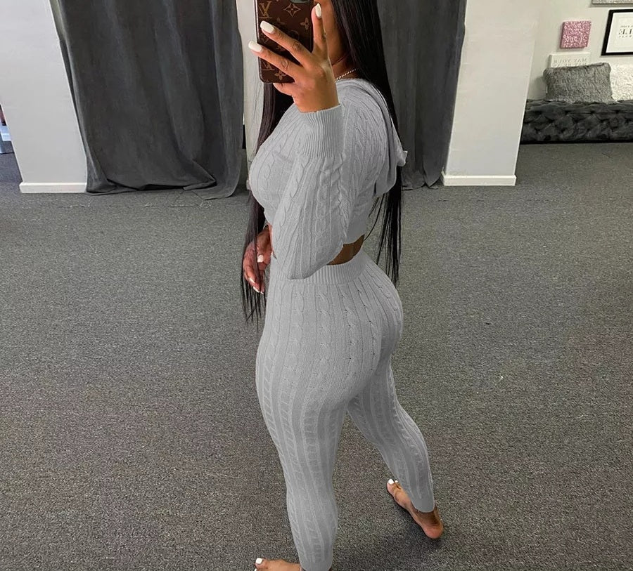 Grey Knitted Crop Zip Hoodie And Leggings Two Piece Set
