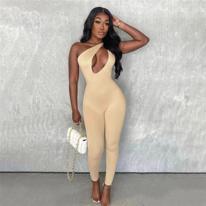 Cream One Shoulder Slinky Bodycon Jumpsuit