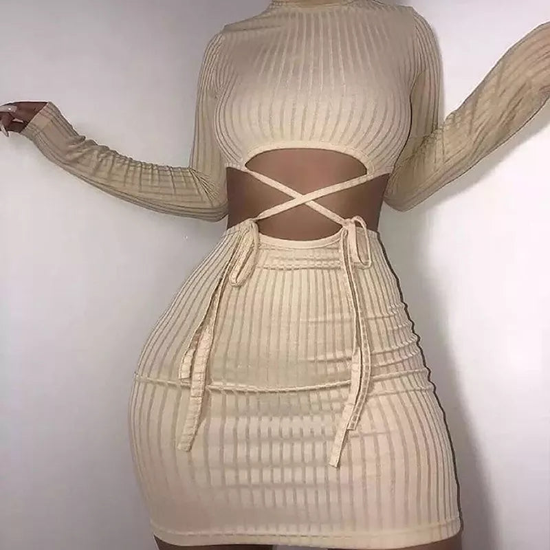 Khaki Ribbed Lace Tied Bodycon Mini Dress