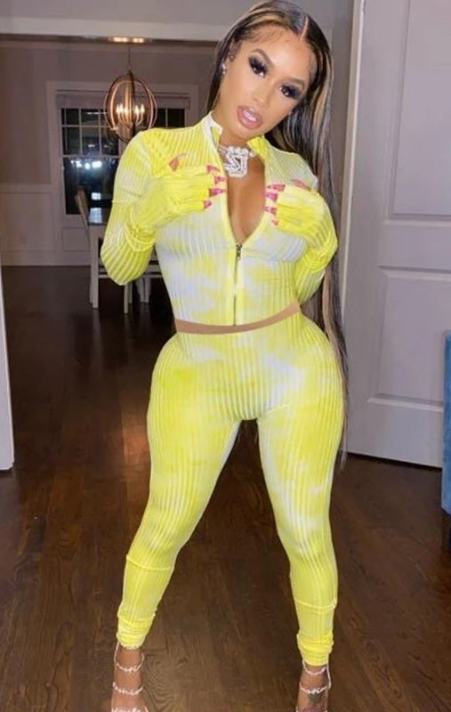 Yellow Tye Dye Long Sleeve BodyCon Two Piece