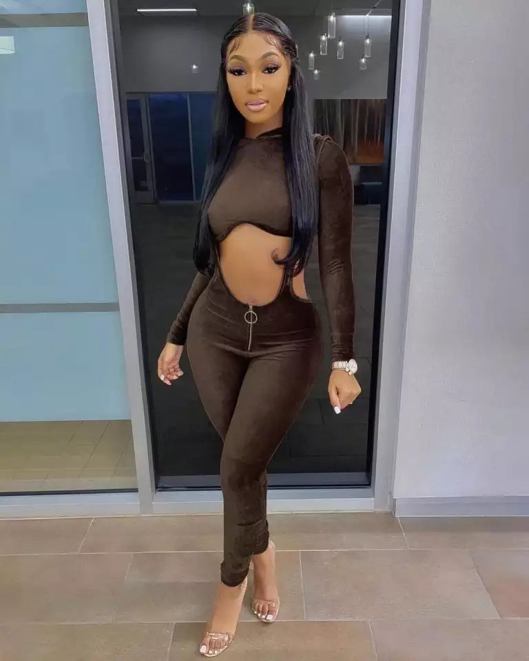 Brown Velvet Cut Out Hoodie & Front Zip Leggings Set