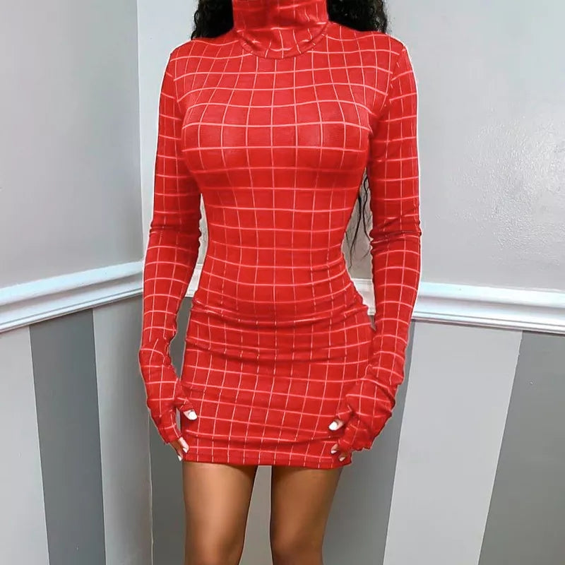 Red High Neck Plaid Mini Dress