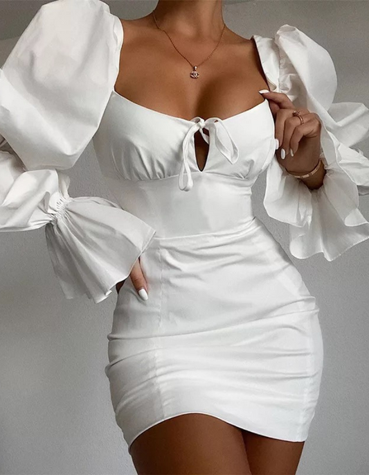 White Puff Sleeve Ruched Bow Bust Mini Dress