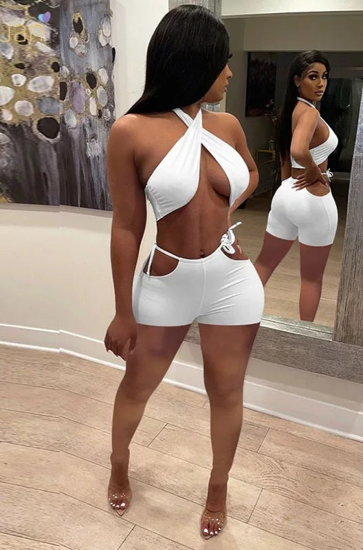 White criss cross top and short two piece set