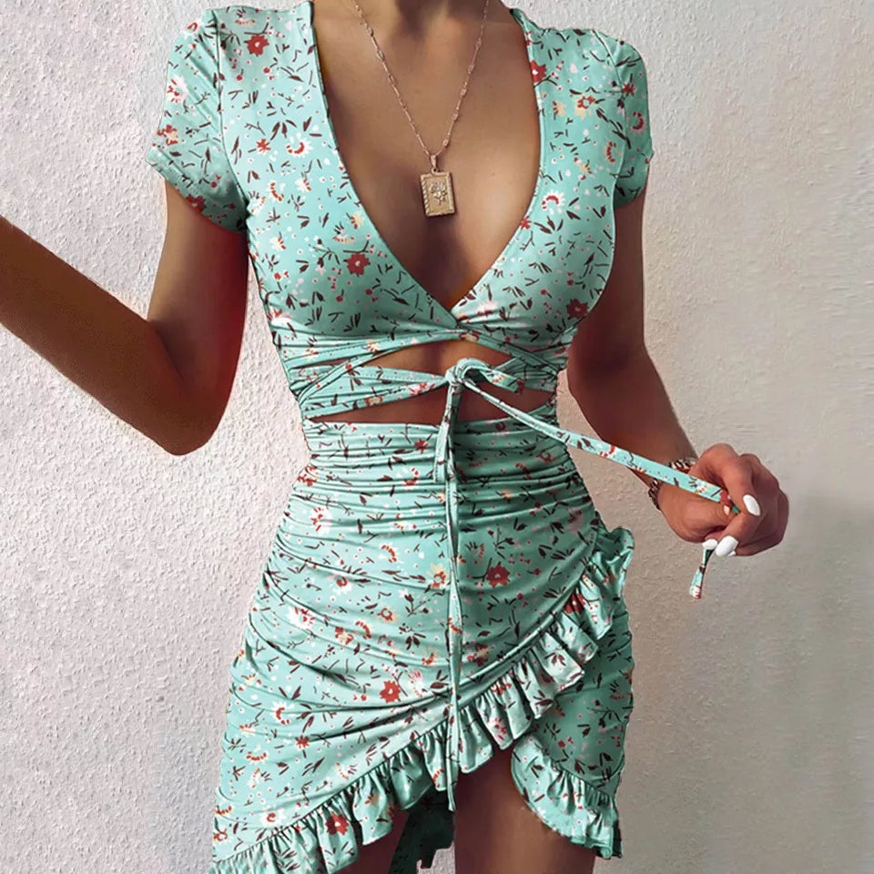 Green Floral Print Bow Ruched Mini Dress