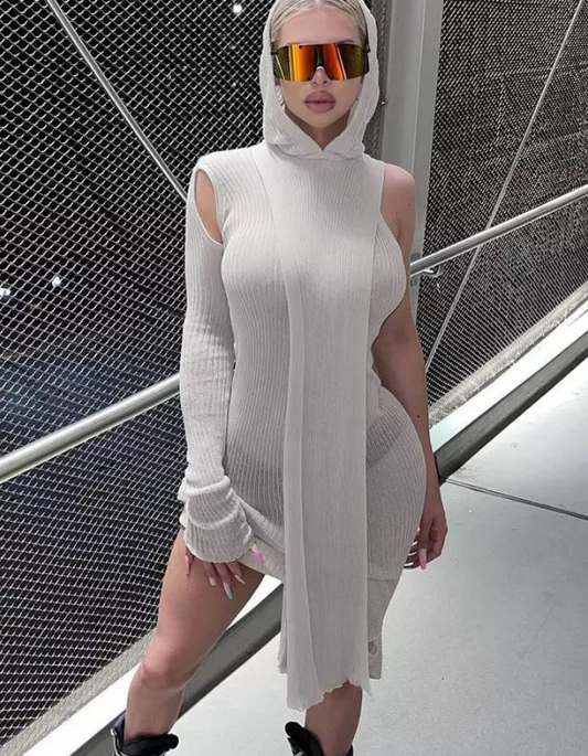 Grey Hoodie Ribbed Cut Out Dress