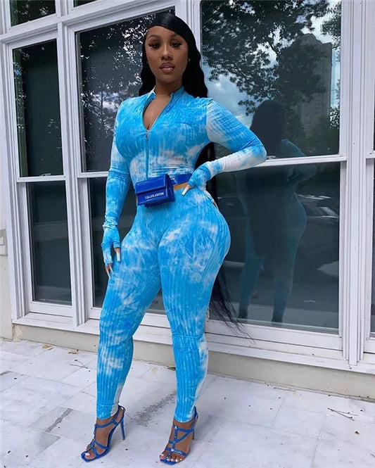 Women’s Tye Dye Blue Long Sleeve BodyCon Jumpsuit