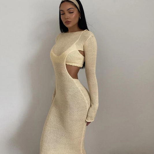 Cream Knitted Cut Out Midi Dress