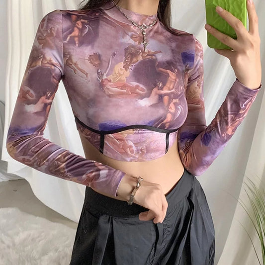 Renaissance Cupid Print Asymmetrical Long Sleeve Crop Top