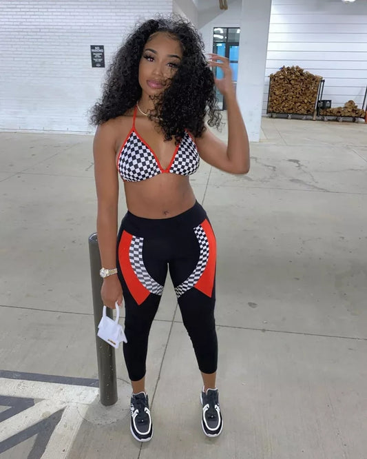 Black, Red and White Checkered Bralette and Leggings set