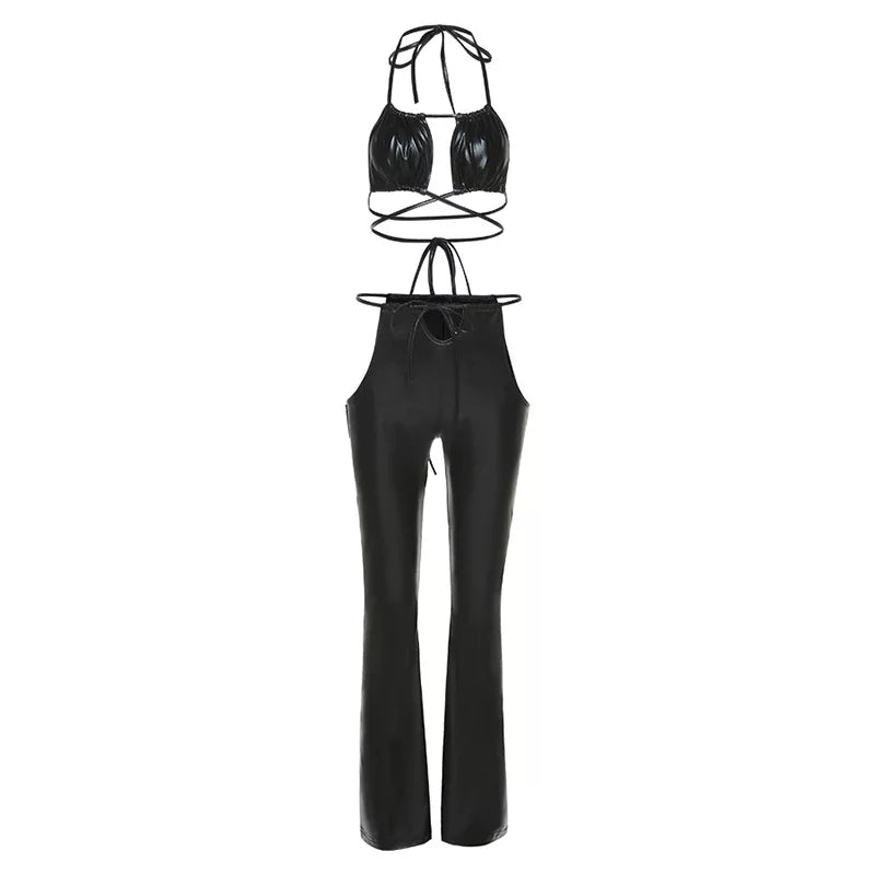 Black PU Bralet Wrap Top and Cut Out Pants Set
