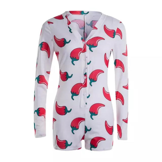 White Graphic Chilli Print Button Up Romper