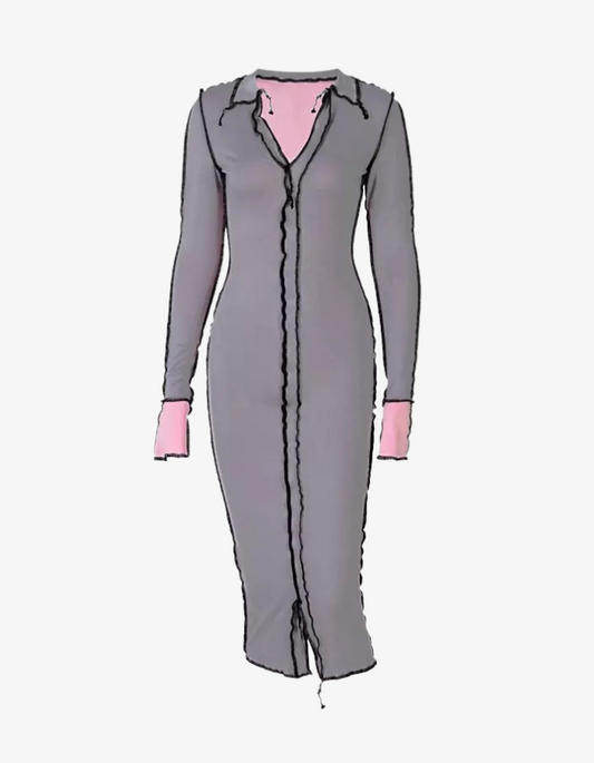 Grey & Pink Collar Contrast Stitch Maxi Dress