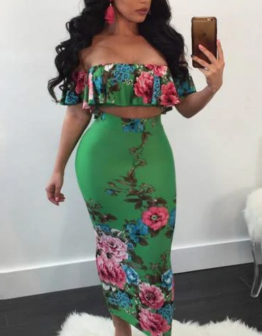 Floral Print Frill Top And Maxi Skirt Set - Green