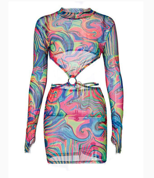Mesh swirl cut out mini dress