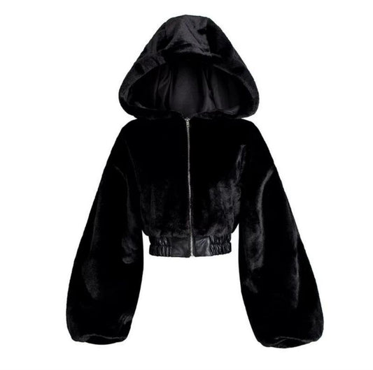 Black Cropped Fur Hooded jacket