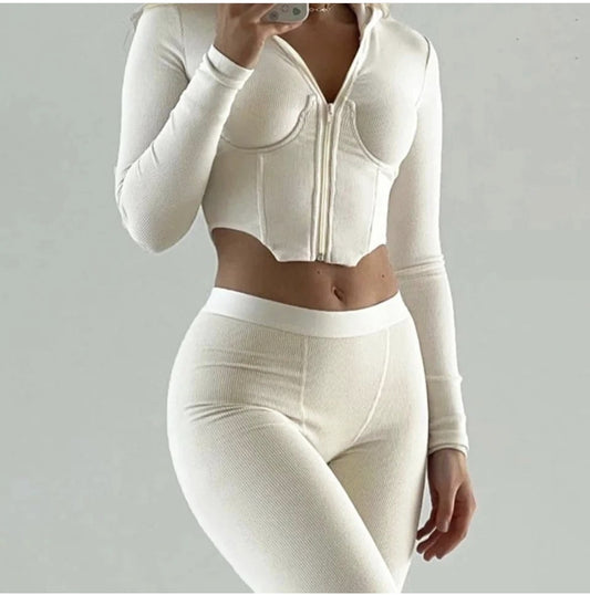 White Ribbed hoodie Corset Top And Leggings Set