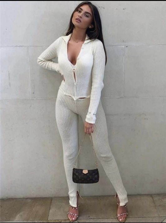 White Ribbed Button Up Top And Leggings Set