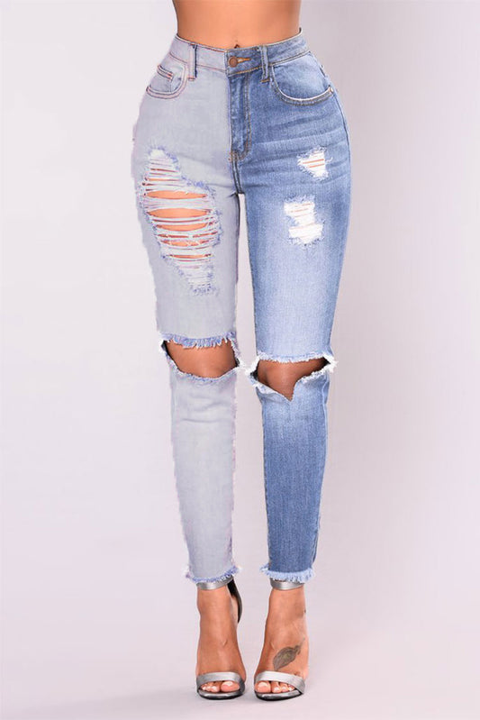 Two Faced Colour Contrast Light to Dark Blue Distressed Denim Jeans