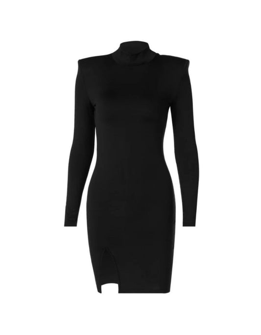 Black Shoulder Pad Split Hem Mini Dress
