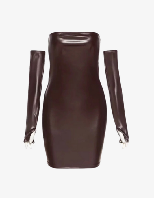 Brown PU Bandeau Bodycon Mini Dress & Gloves
