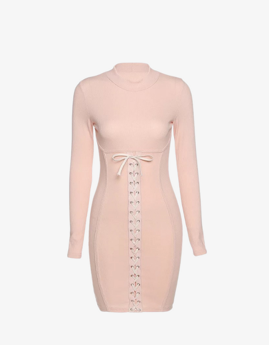 Pink Ribbed Long Sleeve Corset Front Tie Bodycon Dress