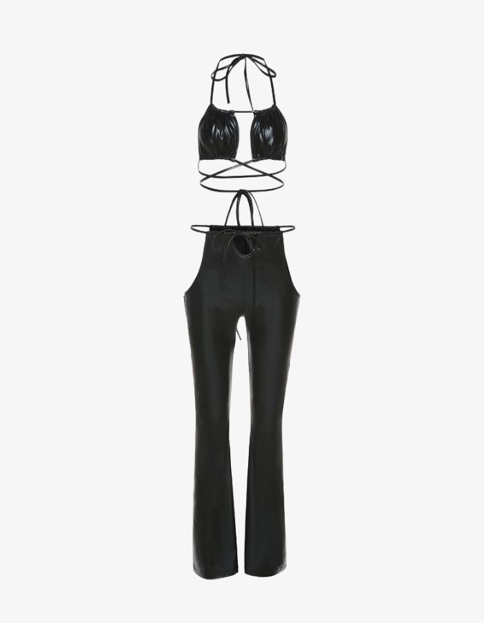 Black PU Bralet Wrap Top and Cut Out Pants Set