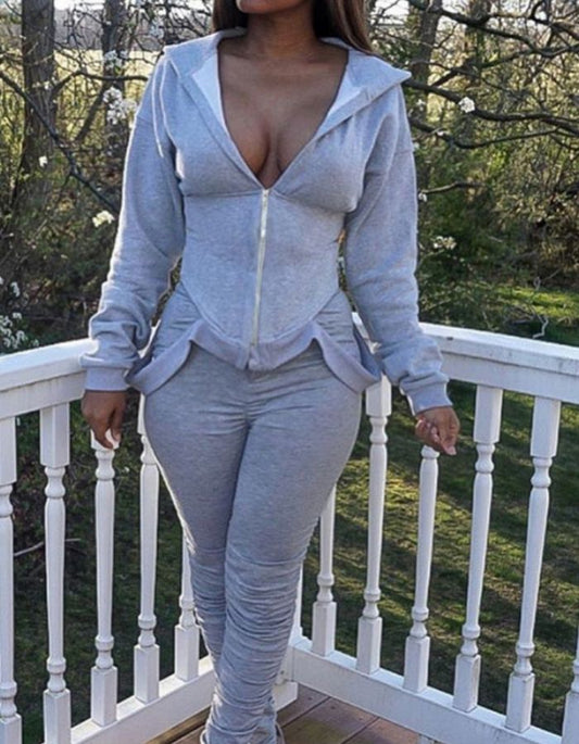 Grey Corset Hoodie And Ruched Joggers Set
