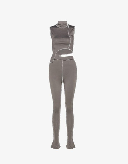 Grey High Neck Racer Crop Top And Flared Leggings Set