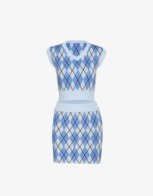 Blue V Neck Argyle Print Knitted Vest And Mini Skirt Set
