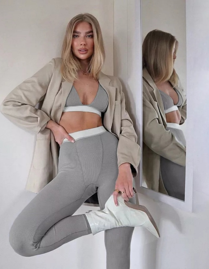 Grey Ribbed Leggings And Bralette Two Piece Set