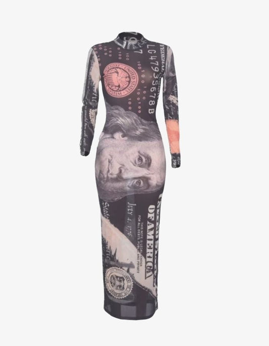 Grey Dollar Print High Neck Mini Dress