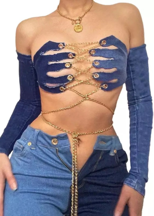 Lace Up Chain Blue Denim Crop Top