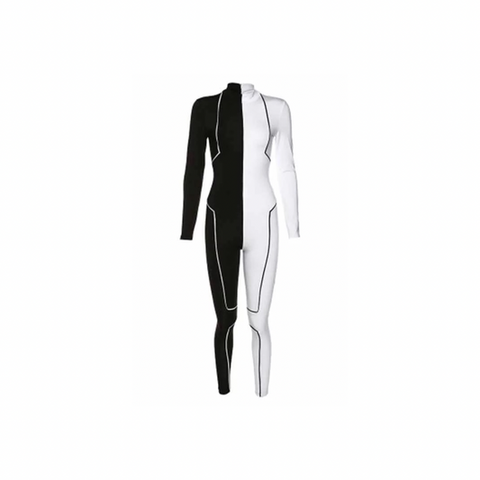 Colour Contrast Half Black And White Bodycon Jumpsuit