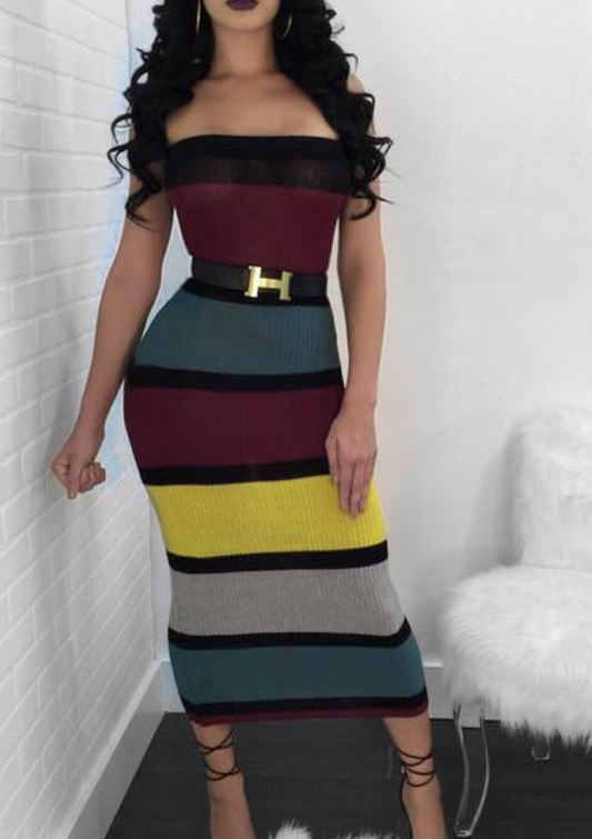 Multi-coloured Black Bodycon Stripe Midi Dress