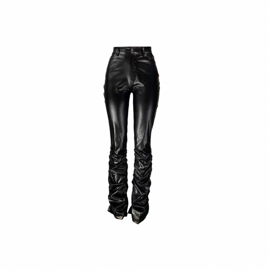 Black High Waisted Pu Stacked/ Rushed Trousers
