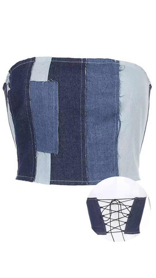 Blue Denim Patchwork Tube Laced Back Top