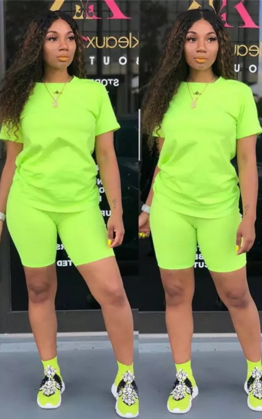 Neon Green Oversized T-shirt and Cycling Shorts
