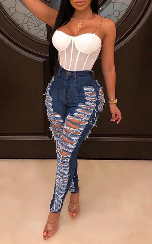 High Waisted Dark Blue Distressed Denim Flared Jeans