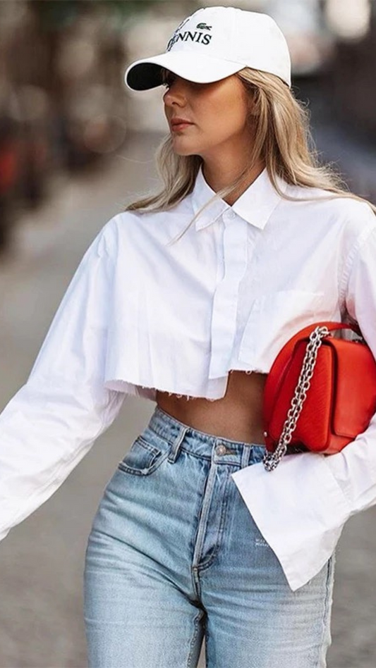 White Collared Long Sleeve Flared Crop top