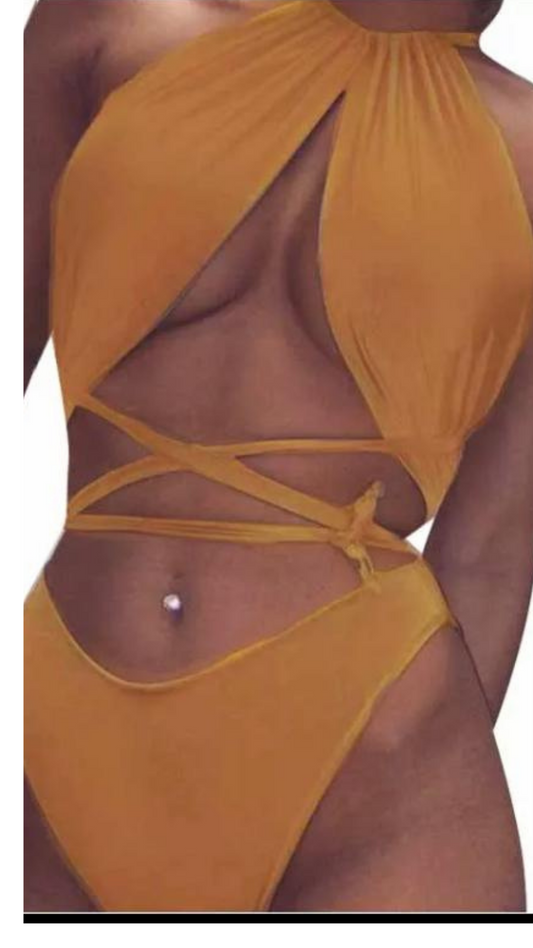 See Straight Through Me Sexy Halter  Cross Wrap Swimsuit - Tan
