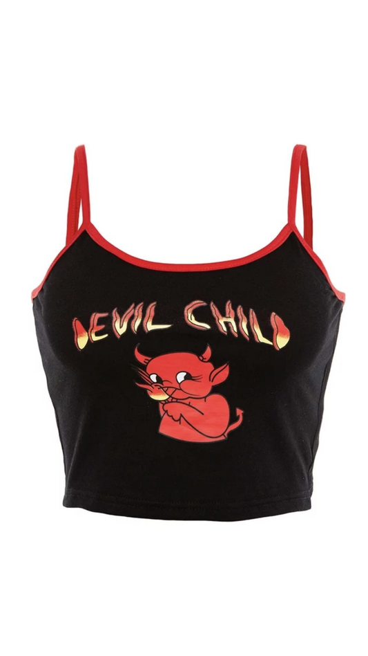 Black Devil Print Red Hem Crop Top