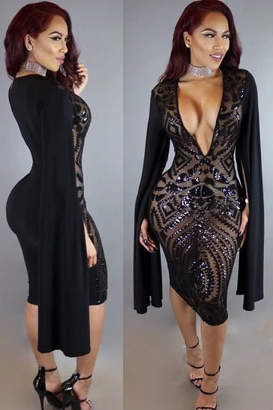 So Haute Plunge Neck Sequin Sheer Front Cape Sleeve Midi Dress Black