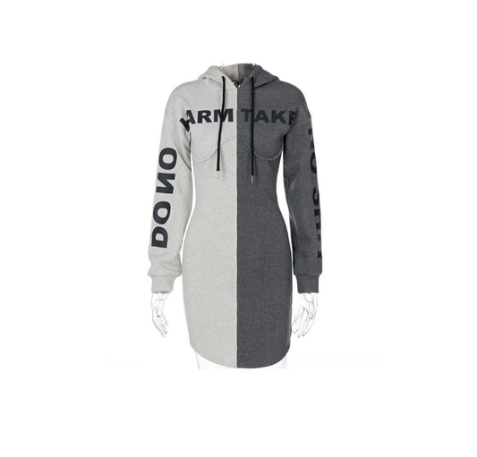 Grey Contrast Hooded Bodycon Drawstring Back Dress