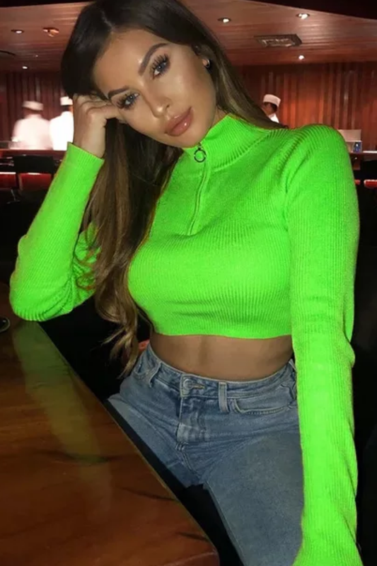 Green Ribbed White Zip Crop Top