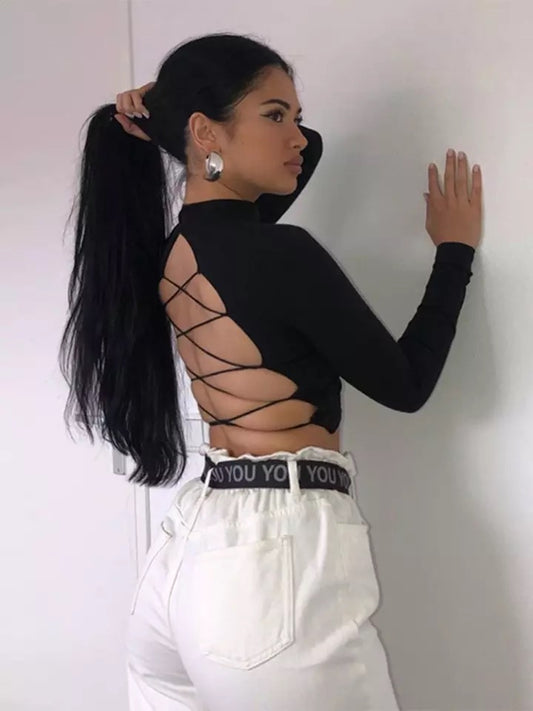 Black Backless Lace High Neck Crop Top