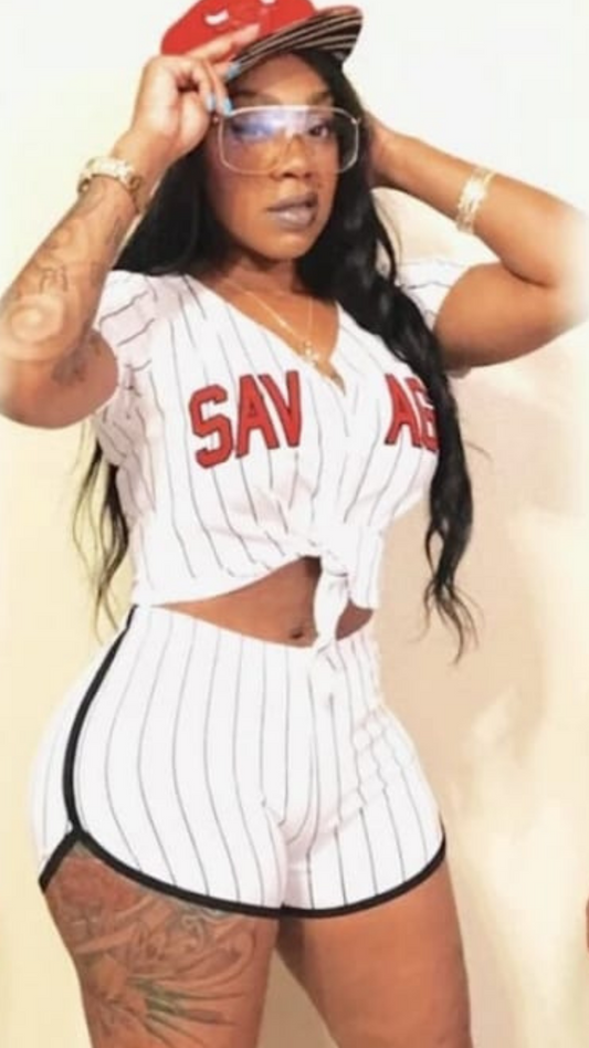 White And Black Stripped Jersey Top And Shorts Set